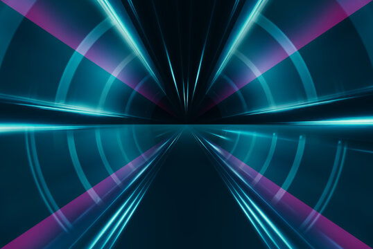 Empty background scene. Dark street reflection on wet asphalt. Rays of neon light in the dark, neon figures, smoke. Background of empty stage show. Abstract dark background. 3d illustration