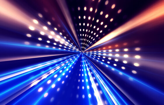 Abstract background. Dark empty stage, multi-colored rays of a neon searchlight, wet asphalt, smoke, night shooting, bokeh color.