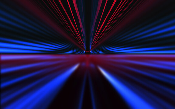 Empty dark abstract background. Background of empty show scene. Glow of neon lights and neon figures on an empty concert stage. Reflection of light on the pavement.