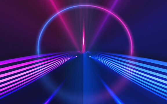 Empty dark abstract background. Background of empty show scene. Glow of neon lights and neon figures on an empty concert stage. Reflection of light on the pavement.