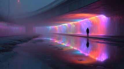Obraz premium Wide angle shot of a colorful underground tunnel with a lone female silhouette and reflective water surface, dramatic shadows, ultra-realistic.