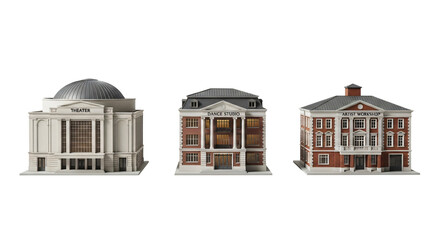 Naklejka premium Three miniature buildings made of lego bricks on a white background isolated on transparent background