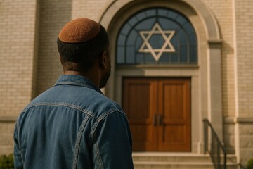 Contemplative man outside synagogue.