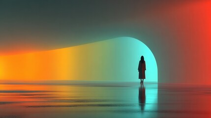 Fototapeta premium Wide angle shot of a colorful underground tunnel with a lone female silhouette and reflective water surface, dramatic shadows, ultra-realistic.