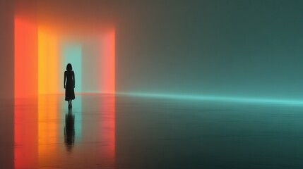 Obraz premium Wide angle shot of a colorful underground tunnel with a lone female silhouette and reflective water surface, dramatic shadows, ultra-realistic.