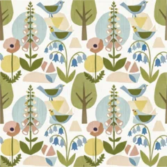 A decorative repeating background inspired by Scandinavian folk art, featuring cute birds and flowers in a stylized forest. Vector illustration © SheyninaY