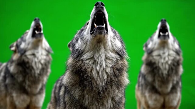 Three majestic gray wolves passionately howling in unison, isolated on a vivid green screen, ideal for digital compositing in projects depicting wild nature and primal calls