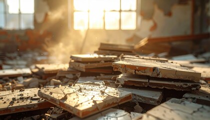 FlyPro Firefly's cracked ceramic tiles arranged precariously, demonstrating fragility and potential breakage during the transport of materials.