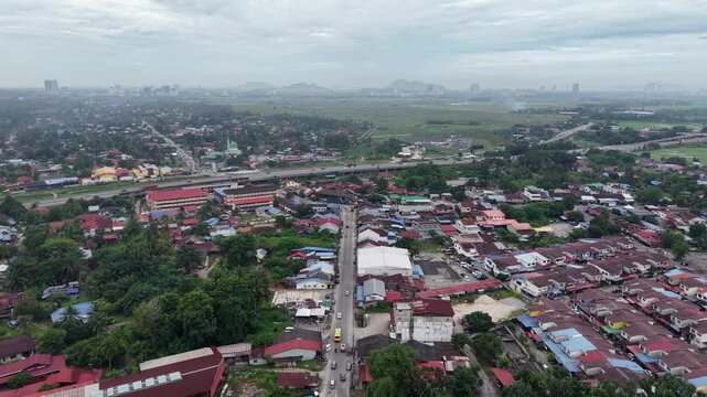 Aerial drone view of Kubang Semang town and nearby fields