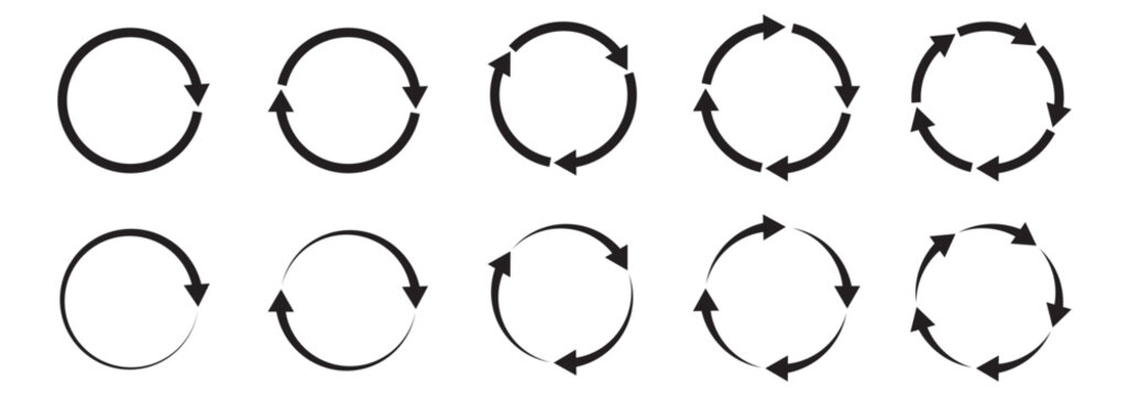 Circle arrow icon set. Repeat, refresh, and reload symbol.  Round, restart, recycle and One, two, three and four arrow in loop. Round reload sign, repeat icon. Vector illustration