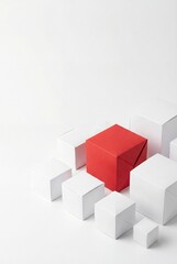 Fototapeta premium Red Paper Cube Standing Out Among White Cubes and Prisms