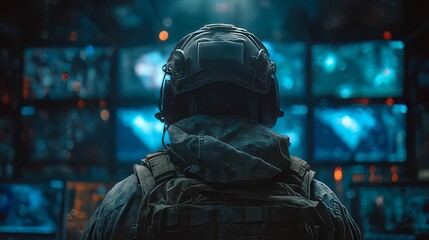 Obraz premium Command or war room filled with blue lit displays showing maps and global data points. Military operations center soldier in tactical gear is monitoring data on large screens. Modern, tech-driven war