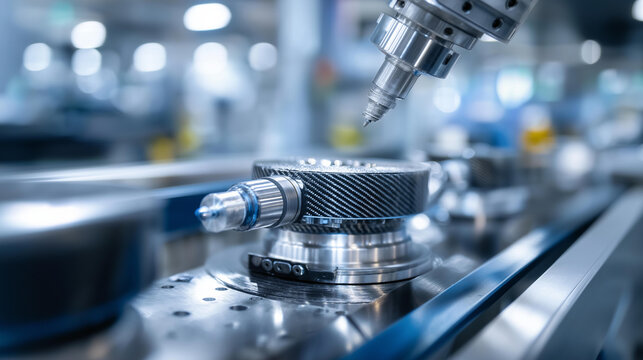Industrial robotic arm handling carbon fiber composite molds for supersonic jet parts, closeup on metallic joints and fiber texture under clean factory lighting, with copy space