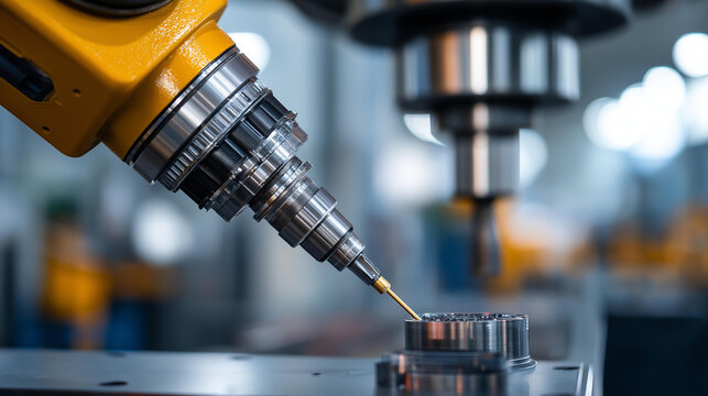 Industrial robotic arm handling carbon fiber composite molds for supersonic jet parts, closeup on metallic joints and fiber texture under clean factory lighting, with copy space