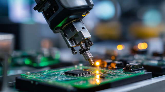 Closeup of robotic arm placing tiny microchip onto green circuit board, surrounded by neatly aligned trays of components, glowing LED indicator lights reflecting on polished