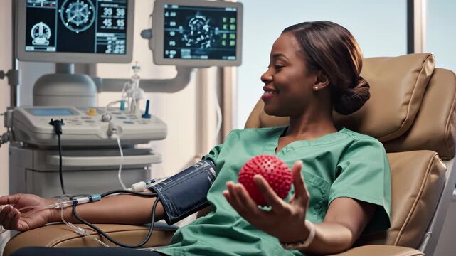 Smiling nurse or phlebotomist in green scrubs holding a red stress ball during a blood donation or medical procedure