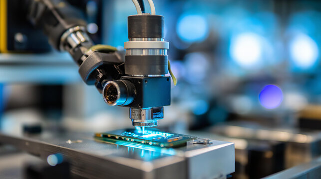 Micro-camera module installed into phone casing by laser-guided robotic system in sterile high-tech facility, precision electronics assembly, automated production, with copy space