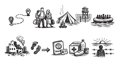 Fototapeta premium Hand-drawn illustration depicting refugees fleeing war, showing a path, family, camp, raft, bombed building, footprints, passport, aid, and border wall. Suitable for social issues, news.