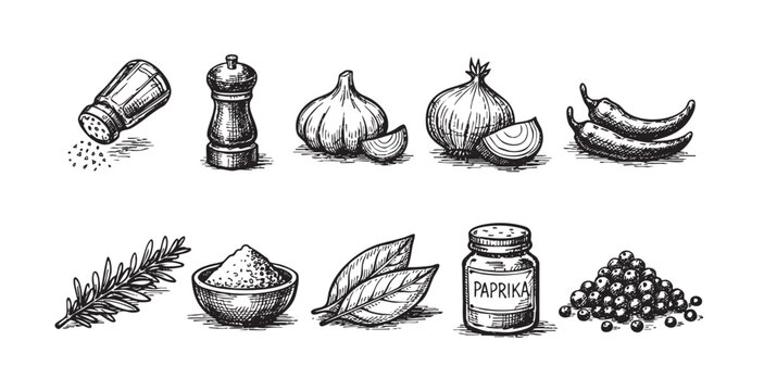 Detailed black and white sketch illustration of various herbs and spices isolated on a white background, including salt, pepper, paprika, garlic, onion, rosemary, and peppercorns.