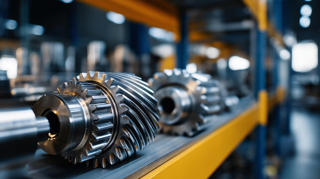 Metallic gleam of gear components arranged in symmetrical rows on sturdy warehouse shelves, representing advanced mechanical production, industrial storage, with copy space