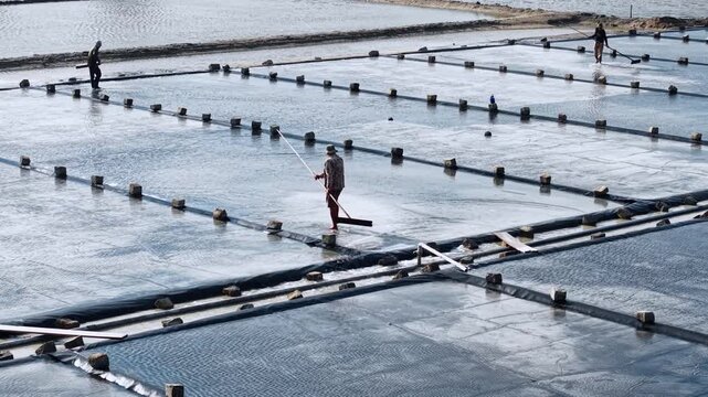 Aerial top view of people working on traditional salt mining fields industry in Vietnam.