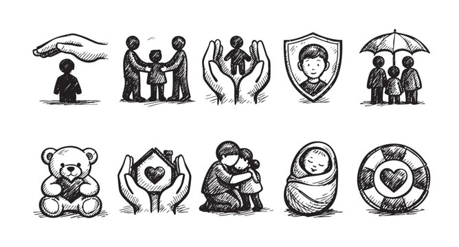This image features a set of hand-drawn style icons representing family, children, and protection, including a family under an umbrella, child in hands, and a home with a heart.