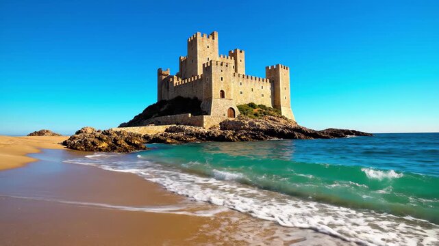 Historic castle on a rocky outcrop by the sea with sandy beach and waves