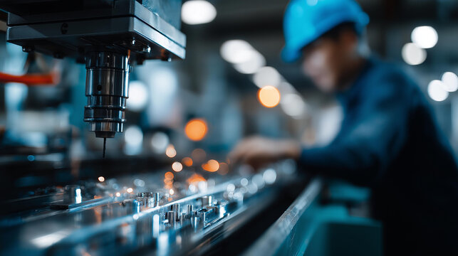 Precision automated machinery line glistening under cool industrial lighting, faceless worker in safety gear inspects from defocused background, focus on sleek metal component