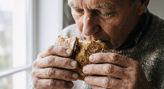 Close-up of an elderly professional baker examining and tasting a fresh loaf of artisanal sourdough bread