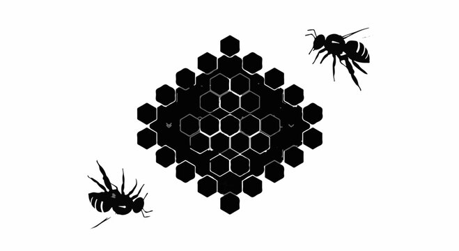 Intricate hexagonal honeycomb structure with bees flying around, symbolizing nature's design and industry.