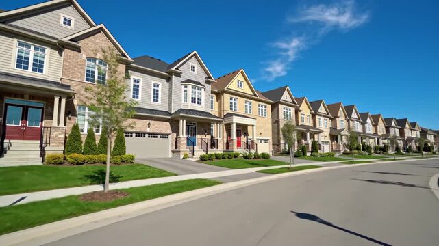 Row of modern suburban townhouses on a sunny day with blue sky