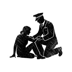 Police officer helping woman kneeling on white background, grunge silhouette