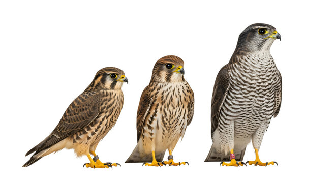 Three falcons standing side by side on a plain surface isolated on transparent background
