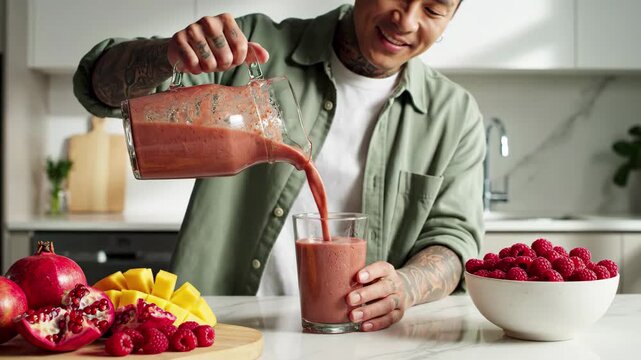 Man pouring a pink smoothie into a glass with fresh raspberries, pomegranate, and mango nearby