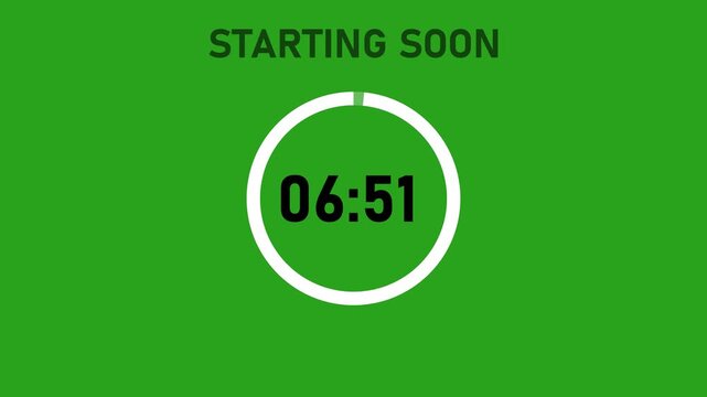 420 to 0 seconds, 7 minutes countdown with animated text streaming starting soon, 4k video on green background