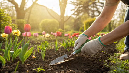 Fototapeta premium A gardener works in the garden near the flowers.