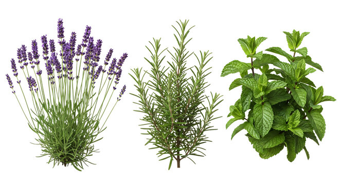 A group of herbs including lavender rosemary and mint isolated on transparent background