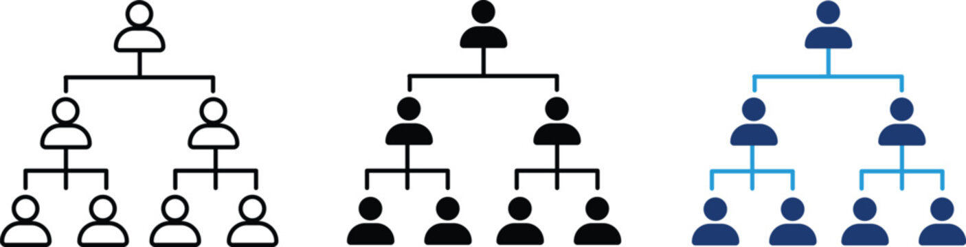 Organizational chart icon showing corporate hierarchy and team structure. Business management illustration for company workflow, departmental ranking, leadership levels, human resources planning