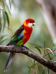 Obraz premium Eastern Rosella Parrot Perched on Eucalyptus Branch in Australian Forest Wild Bird Photography Vivid Colorful Plumage Nature Background