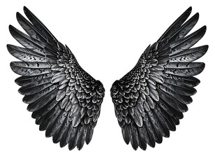 Obraz premium Two dark, outstretched feathered wings with intricate detail, isolated against a plain white background
