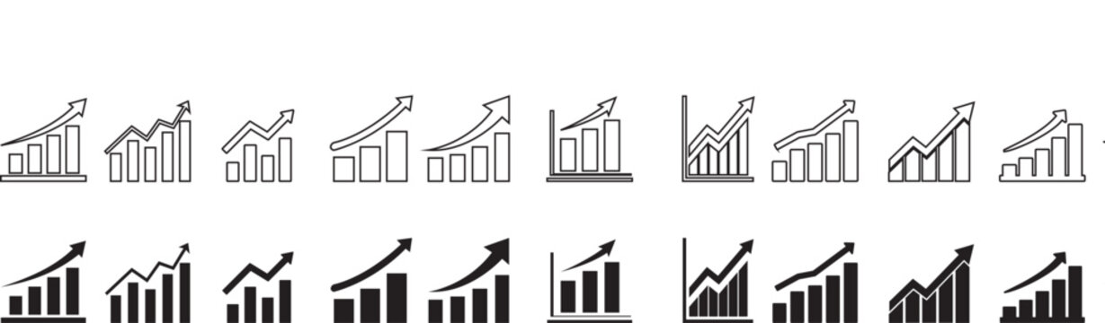 Growing bar graph icon set. Business graphs and charts icons. Statistics and analytics vector icon. Statistic and data, charts diagrams, money, down or up arrow Growth icon set. Containing arrow up,