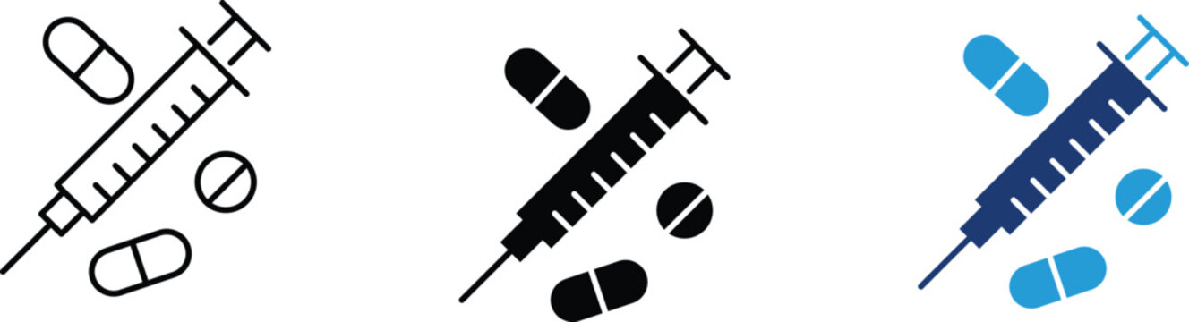 Syringe with pills and capsules icon showing medical treatment and healthcare services. Healthcare illustration for vaccination, medicine dosage, pharmacy supply, clinical injection, drug therapy