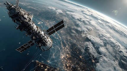 Obraz premium Futuristic satellite in orbit above planet earth with data grid illustrator