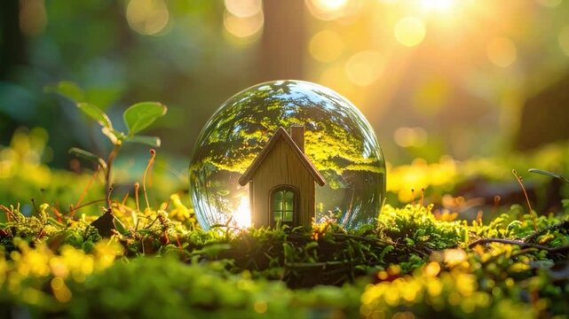 Miniature house inside a crystal ball, nestled in vibrant mossy green nature