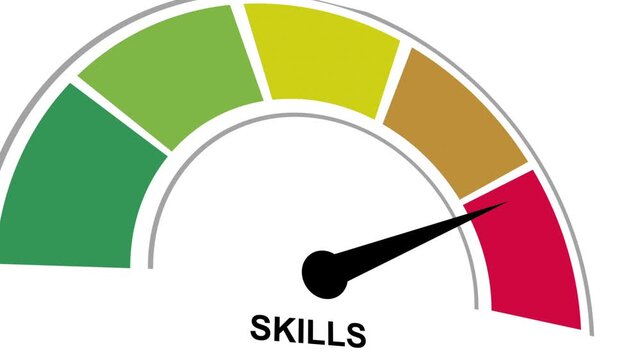 Animated skill level meter showing progress from beginner (low red zone) to expert (high green zone), representing learning, development, performance white background