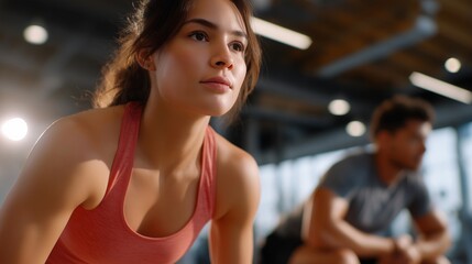 Fototapeta premium Empowering fitness enthusiasts addressing knee pain with tailored exercises and innovations in fitness gear improving mobility and strength. A bright gym space with determined individuals