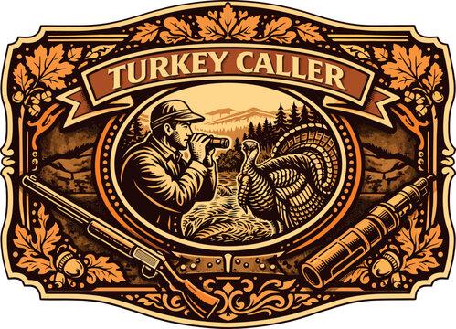 Turkey Caller Hunter Vintage Belt Buckle Vector
