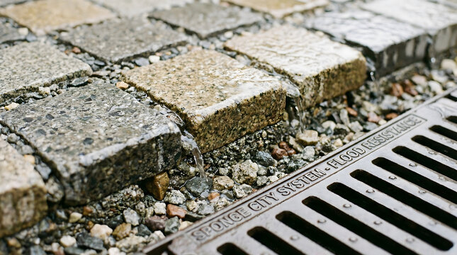 High-Tech Sponge City Permeable Pavement Installation for Flood Resistance Featuring Detailed Texture of Sustainable Pavers and Integrated Gravel Drainage Systems