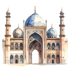 Fototapeta premium Watercolor depiction of a grand mosque with domes, minarets, and intricate architectural details