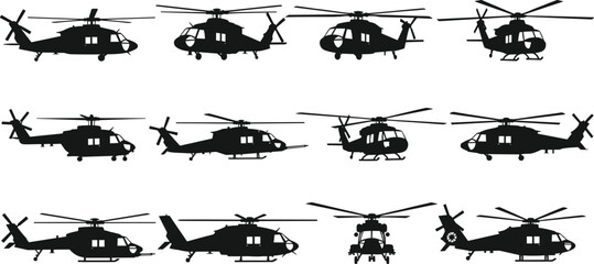 Military helicopter silhouette collection, black chopper side front and perspective view vector set for aviation transport design © NourjahanWorlds